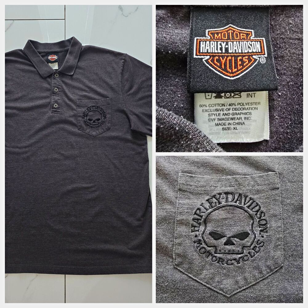 Harley Davidson Motorcycles Polo Pocket Shirt Mens XL Embroidered Skull Gray